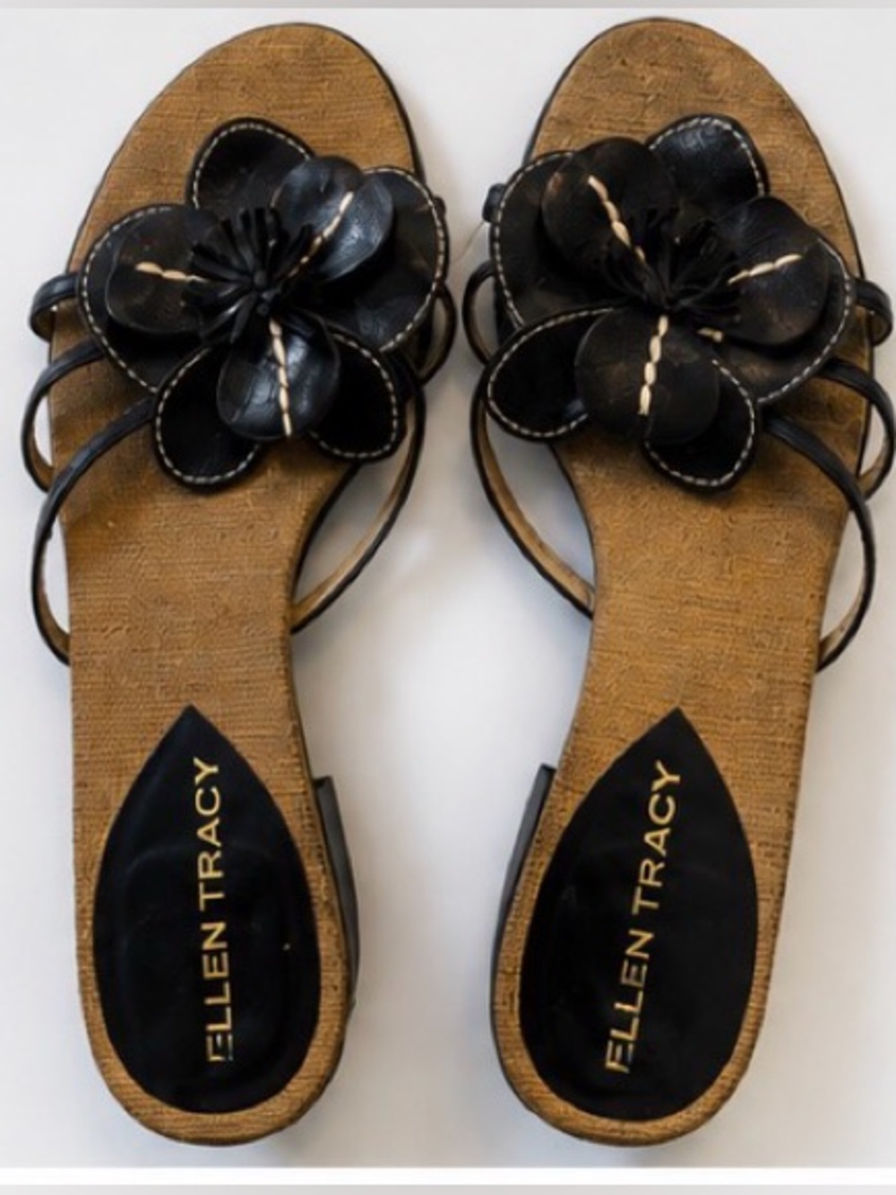 [Ellen Tracy] Black Leather Floral Slide Wedge Sandals Made in Italy Size 8.5M